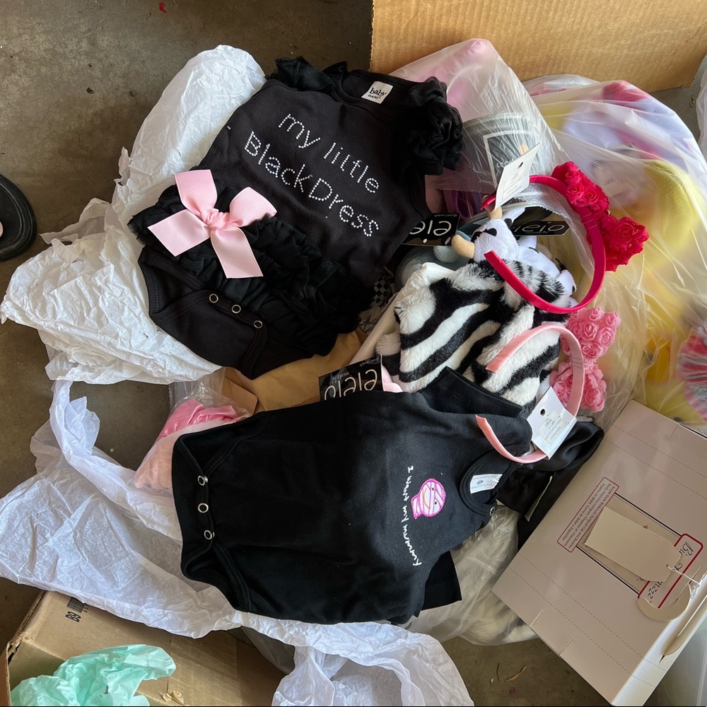 1 bag of infant girl clothes toys headbands shoes blankets etc.